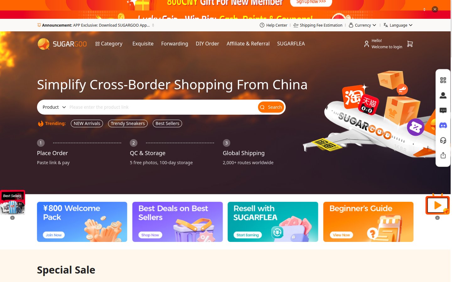Offizielle SugarGoo-Startseite: oranges Wortmark, Paste-Leiste und drei Schritte Place Orders, Submit Parcels, Sign Delivery